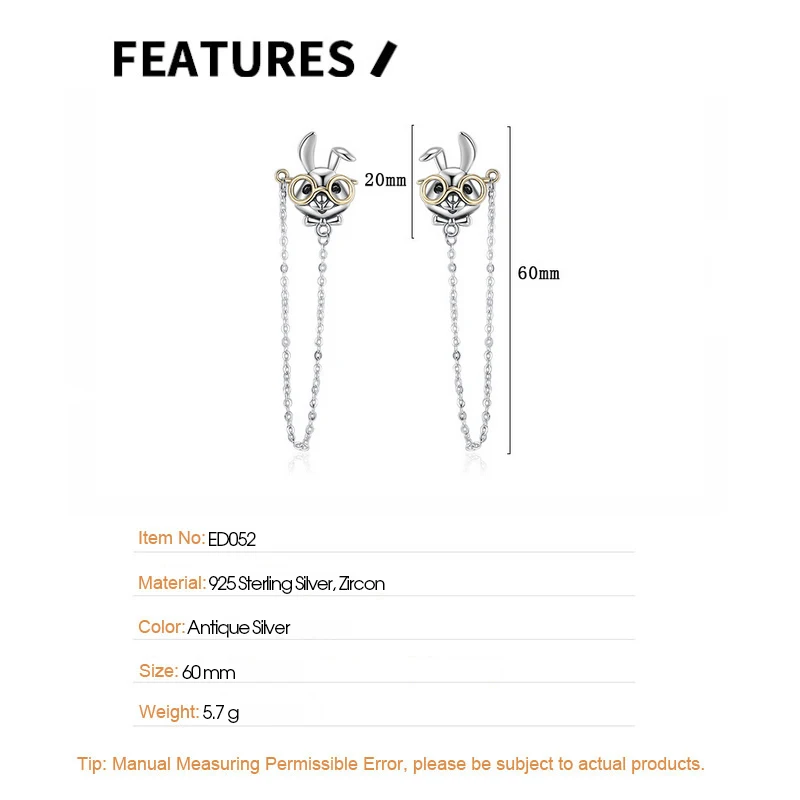 F.I.N.S S925 Sterling Silver Glasses Rabbit Earrings Retro Old Thai Silver Hanging Chain Piercing Ear Fine Jewelry Accessories - Image 6