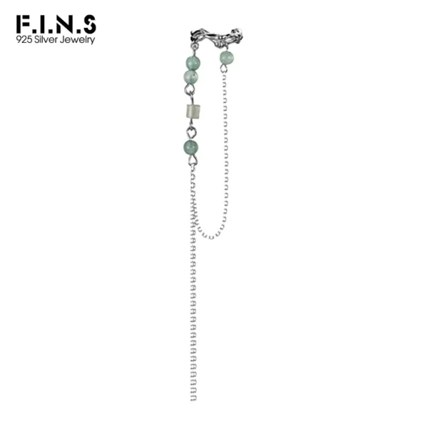 F.I.N.S 1PC Chinese Tassel Ear Clip No Pierced S925 Sterling Silver Green Bead Stone Earcuff No Ear Hole Catilage Fine Jewelry