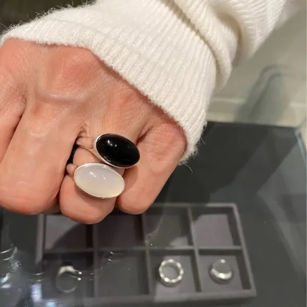 S925 Silver Chalcedony Oval Ring French Style Black Agate Minimalist Stacking Statement Finger Jewelry for Women