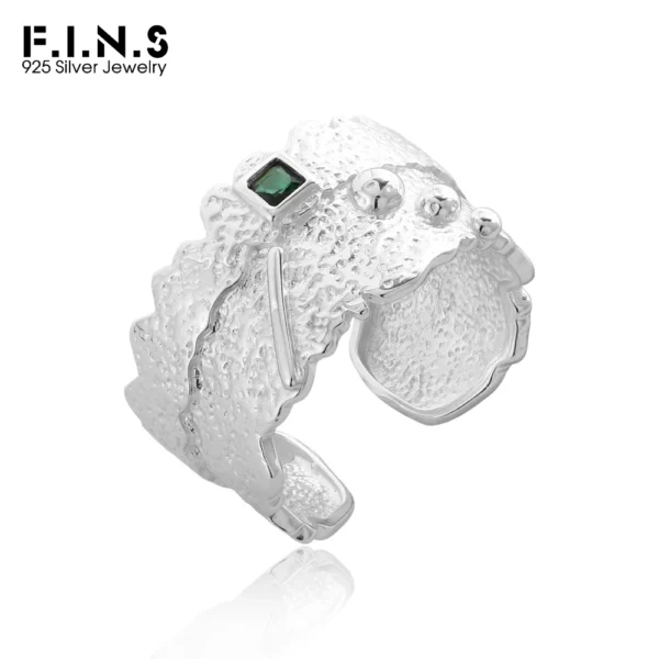 F.I.N.S Original Irregular Wide S925 Sterling Silver Ring INS Design Texture Square Green Zircon Finger Fine Jewelry For Women