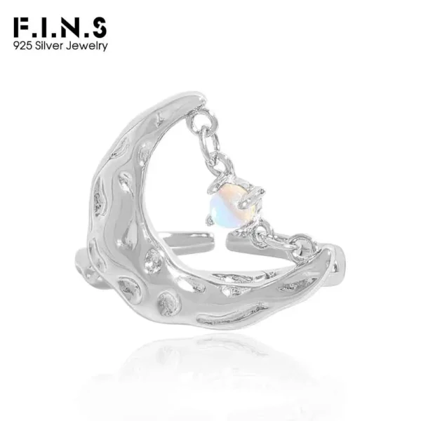 F.I.N.S Original Luxury Texture S925 Sterling Silver Moonstone Ring Women Uneven Moon Chain Open Adjustable Finger Fine Jewelry