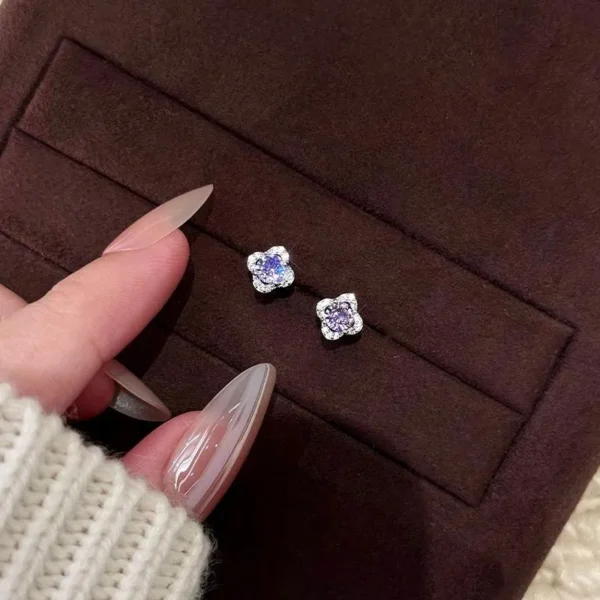 S925 Silver White Gold Plated Purple Floral Zircon Earrings For Women Amethyst Violet Bloom Studs Y2K Fairycore Dainty Vintage
