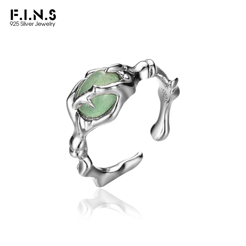 F.I.N.S Original S925 Sterling Silver Open Rings Aventurine Jade Gem Stone Punk Rock Adjustable Finger Fashion Fine Jewelry Gift