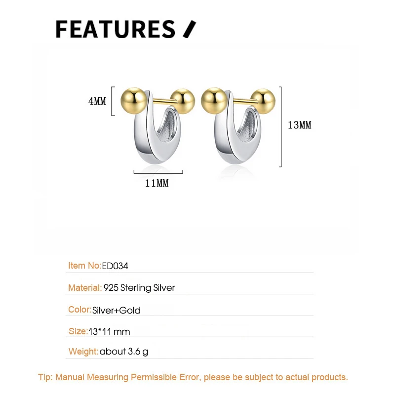 F.I.N.S Original U-Shaped S925 Sterling Silver Gold Bead Screw Earrings Minimalist Piercing Ear Studs Fashion Fine Jewelry Gifts - Image 5