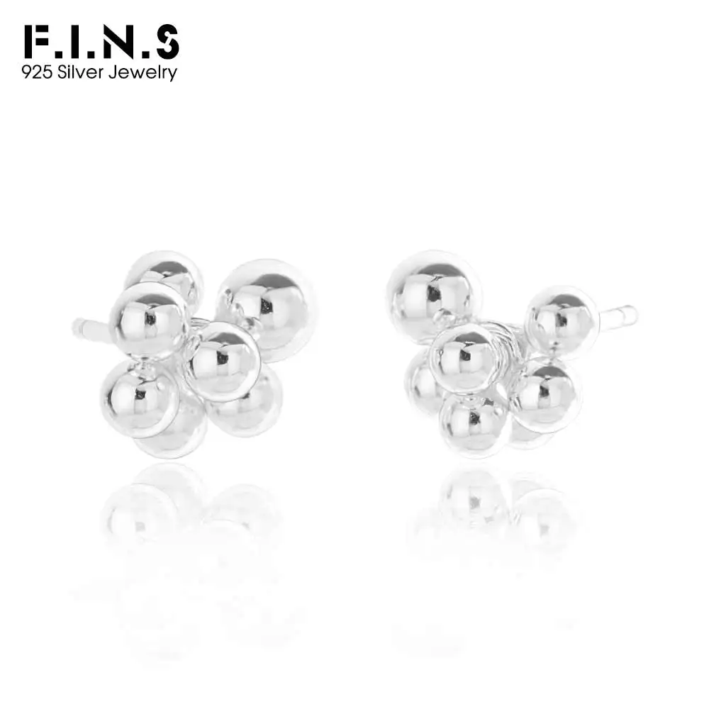 F.I.N.S Original Pure S925 Sterling Silver Earrings Handmade Round Bead Ball Anti-Allergic Pierced Ear Studs Fine Jewelry Gifts