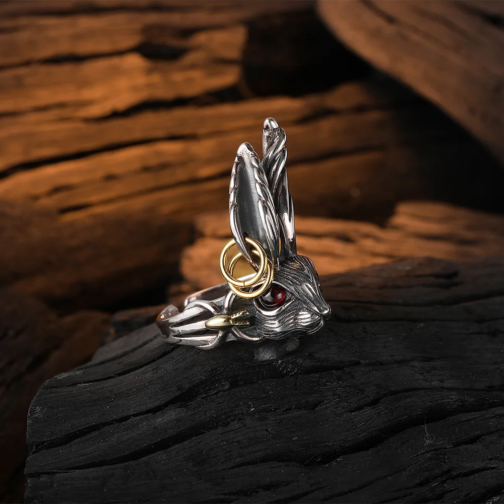 F.I.N.S S925 Pure Sterling Silver Gold Cool Punk Rabbit Ring Retro Old Design Thai Silver Hiphop Rock Finger Jewelry Accessories - Image 4