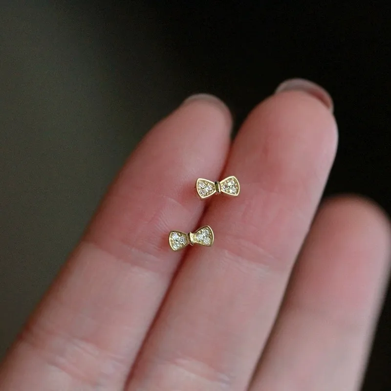 S925 Silver 14K Gold Plated Mini Bow Earrings for Women Dainty Simple Studs Everyday Versatile Student Elegant Ear Jewelry - Image 2