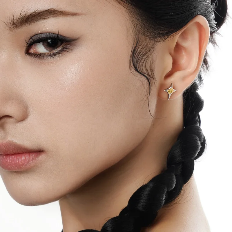 F.I.N.S Punk S925 Sterling Silver Gold Star Small Stus Earrings Fashion Geometric Collision Color Pierced Ear Fine Jewelry - Image 2