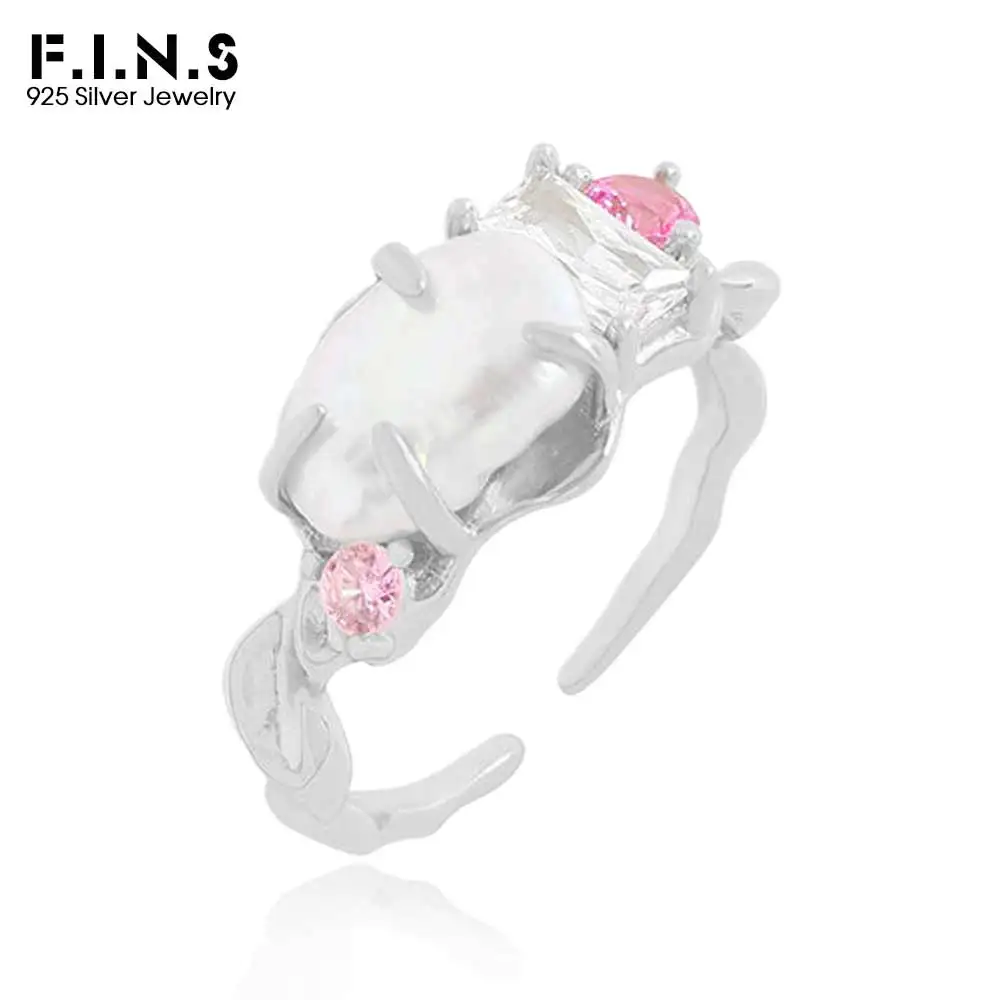 F.I.N.S Original Design S925 Sterling Silver Baroque Natural Freshwater Pearl Ring Irregular Open Adjustable Zirconia Fine Jewel