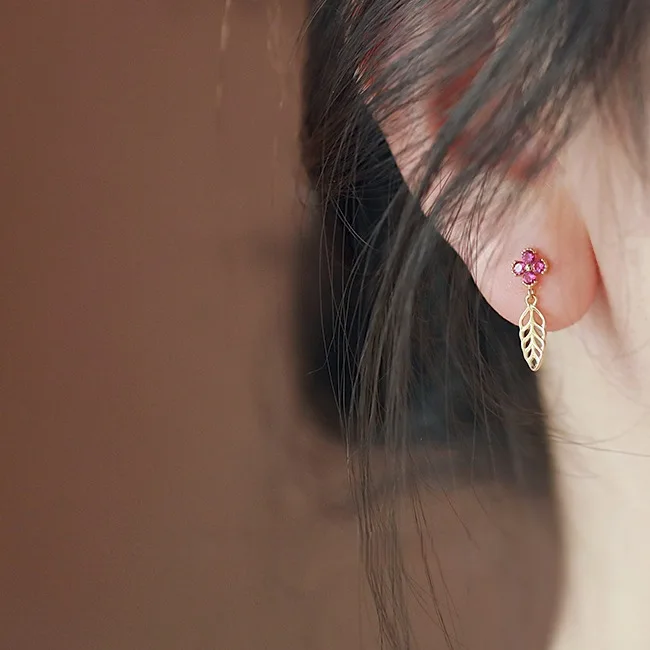 S925 Silver 14K Gold Plated Mini Red Floral Leaf Earrings For Women Summer Bloom Cherry Blossom Studs Dainty Elegant Ear Gift