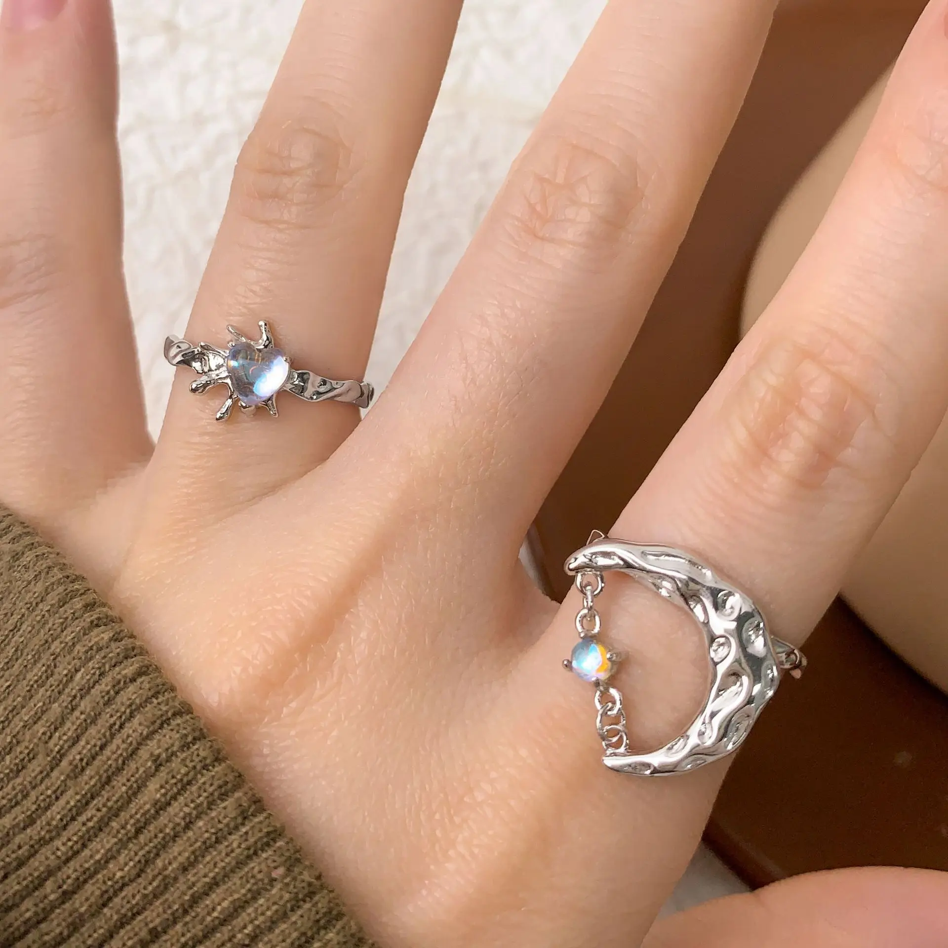 F.I.N.S Original Luxury Texture S925 Sterling Silver Moonstone Ring Women Uneven Moon Chain Open Adjustable Finger Fine Jewelry - Image 3