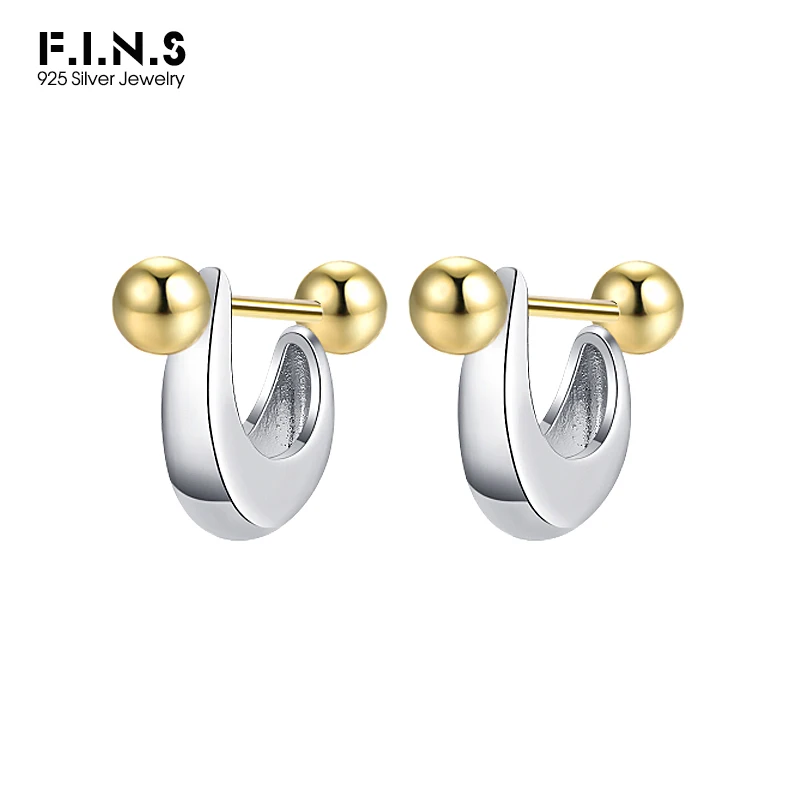 F.I.N.S Original U-Shaped S925 Sterling Silver Gold Bead Screw Earrings Minimalist Piercing Ear Studs Fashion Fine Jewelry Gifts