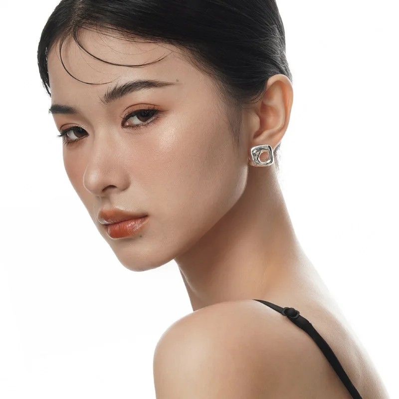 F.I.N.S Minimalist S925 Sterling Silver Hollow Square Pierced Earrings Smooth Geometric Ear Buckle Fine Jewelry Anti-Allergy - Image 3