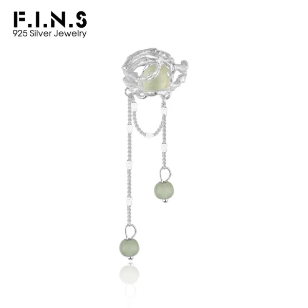 F.I.N.S 1PC New Chinese Style S925 Sterling Silver Prehnite Clip Earring Tassel Chain Uneven Stone Beads Earcuff Catilage Jewels