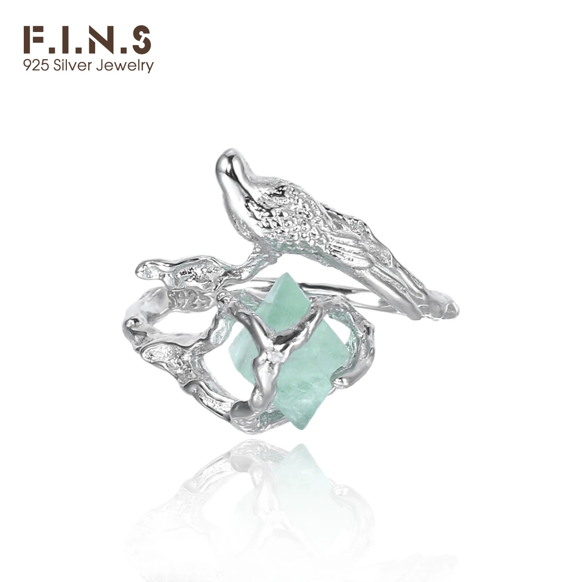 F.I.N.S Bird Fluorite S925 Sterling Silver Ring Irregular Green Stone Open Adjustable Mid Finger Fashion Fine Jewelry Gifts