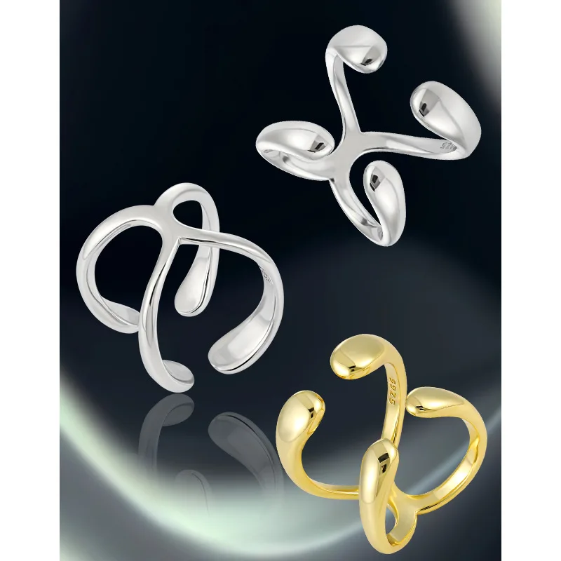 F.I.N.S Minimalist Geometric X Cross S925 Sterling Silver Rings Open Adjustable Double Layer Smooth Finger Fashion Fine Jewelry - Image 2