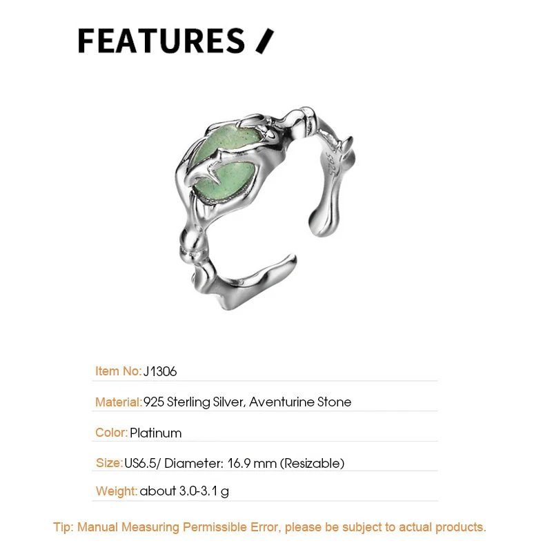 F.I.N.S Original S925 Sterling Silver Open Rings Aventurine Jade Gem Stone Punk Rock Adjustable Finger Fashion Fine Jewelry Gift - Image 5
