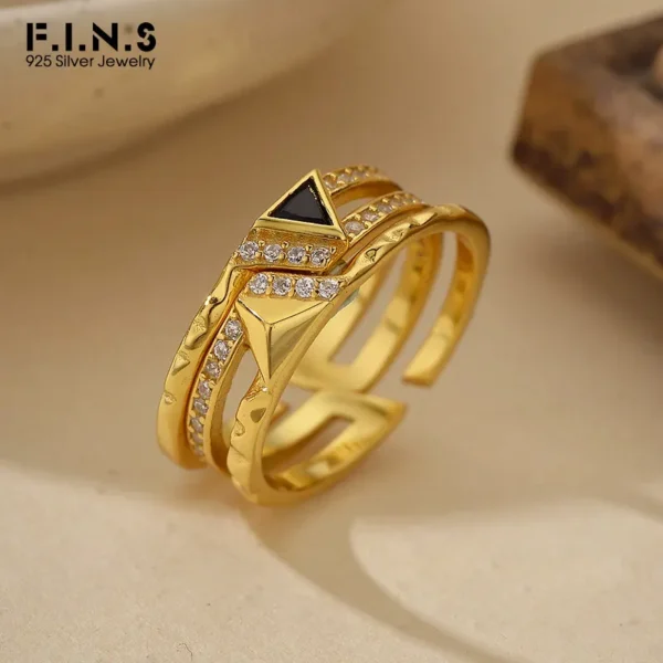 F.I.N.S Retro Old S925 Sterling Silver Ring Luxury Vintage Gold Detachable Triangle Stacked Hypoallergenic Finger Fine Jewelry