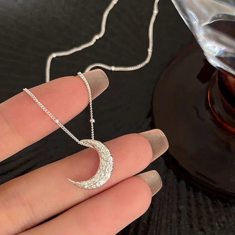 Real S925 sterling silver Lava Moon Pendant Necklace for Women Girl Gift Irregular Vintage Jewelry