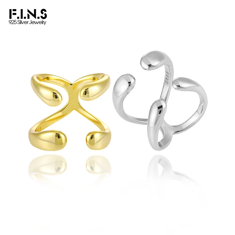 F.I.N.S Minimalist Geometric X Cross S925 Sterling Silver Rings Open Adjustable Double Layer Smooth Finger Fashion Fine Jewelry