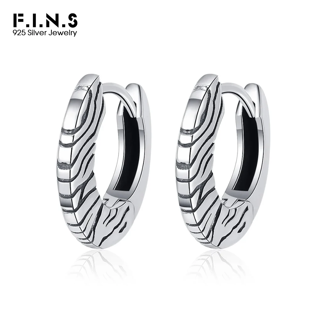 F.I.N.S S925 Sterling Silver Zebra Pattern Round Circle Earrings Retro Old Fashion Piercing Hoops Punk Rock Fine Jewelry Gifts