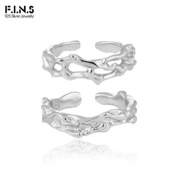 F.I.N.S Texture Pure S925 Sterling Silver Gold Open Rings For Women Irregular Hollowed Out Adjustable Index Mid Finger Jewelry