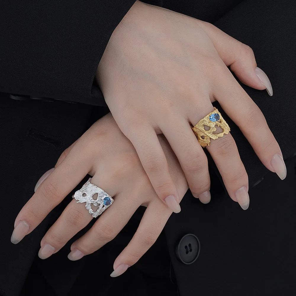 F.I.N.S Luxury S925 Sterling Silver Hollow Texture Ring INS Gem Blue Oval Zircon Wide Index Finger Cuff Ring Solid Silver Jewels - Image 3