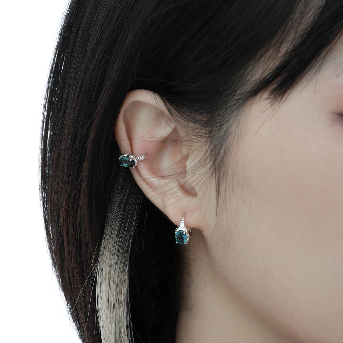 F.I.N.S Minimalist Blue Oval Zircon S925 Sterling Silver Earrings For Women Uneven Geometric Piercing Ear Buckles Fine Jewelry - Image 3