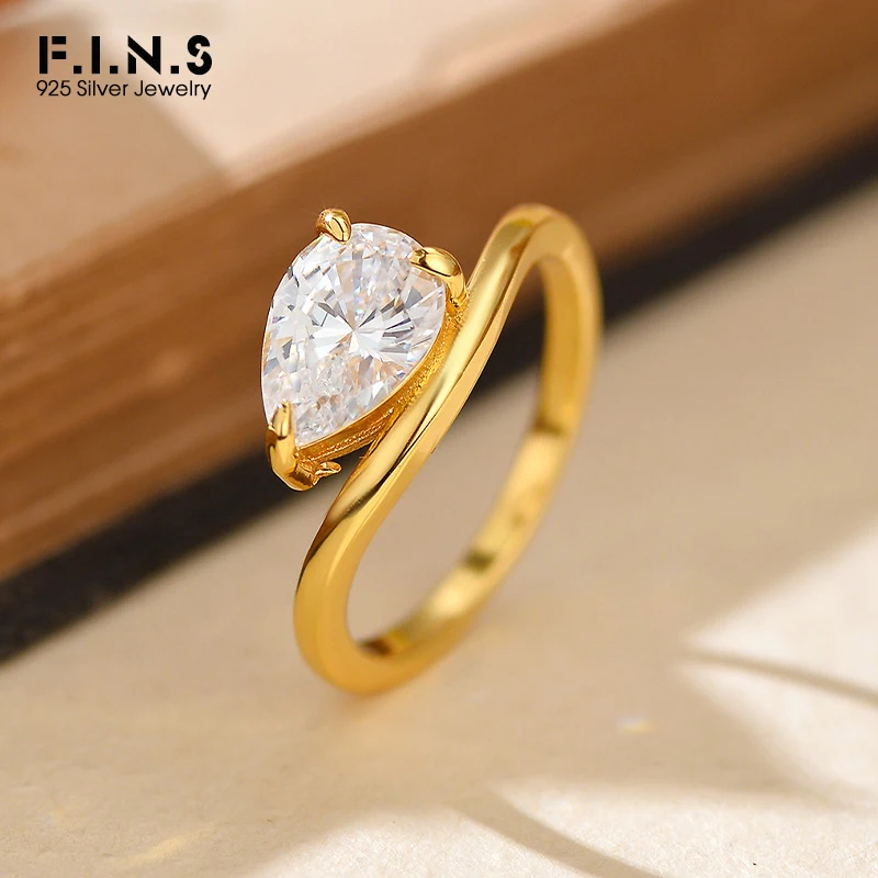 F.I.N.S S925 Sterling Silver Big Waterdrop Zircon Ring Wavy Plain Ring INS Fashion Minimalist Wedding Party Fine Jewelry Gifts