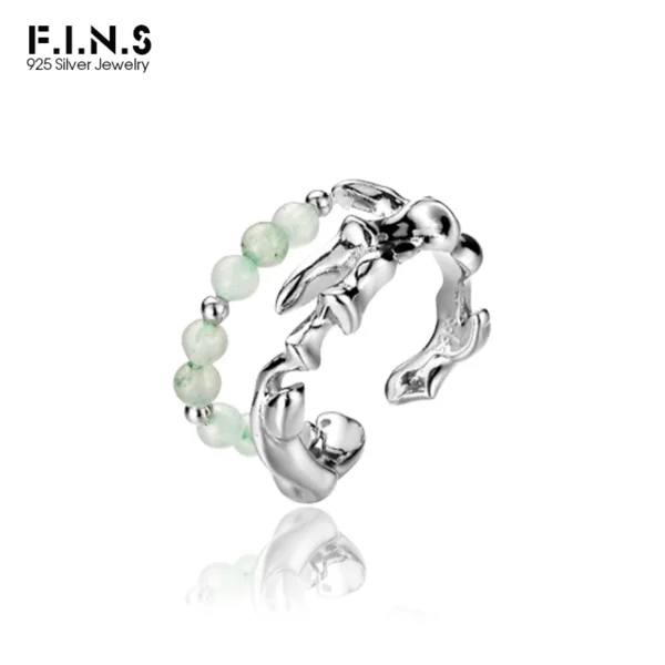F.I.N.S Original Irregular S925 Sterling Silver Open Rings Aventurine Jade Stone Beads Layered Adjustable Finger Fine Jewelry