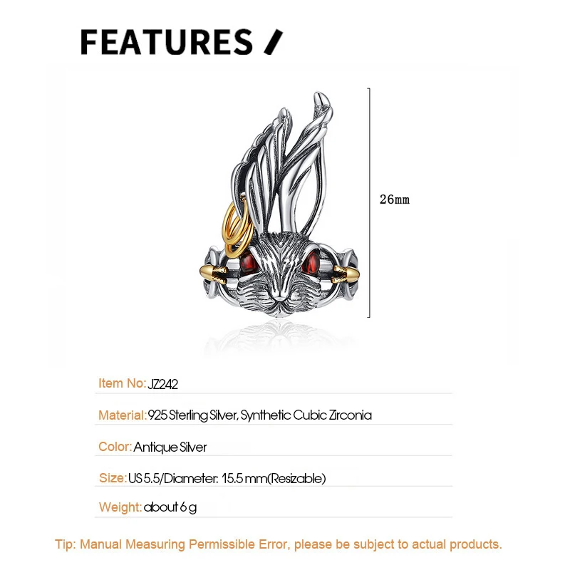 F.I.N.S S925 Pure Sterling Silver Gold Cool Punk Rabbit Ring Retro Old Design Thai Silver Hiphop Rock Finger Jewelry Accessories - Image 5