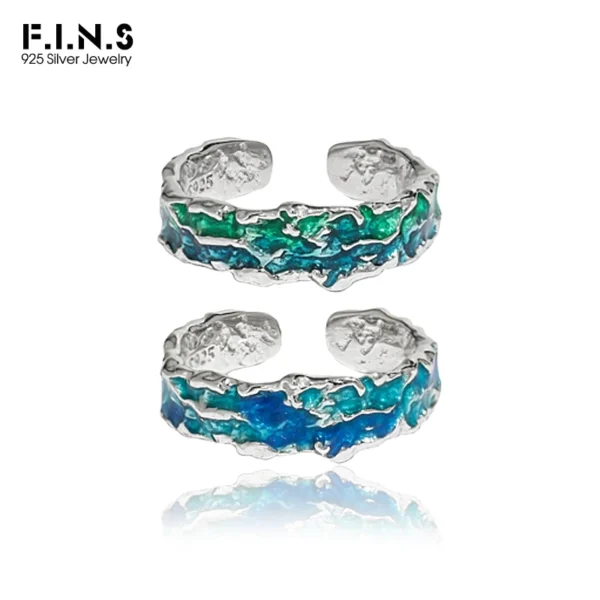 F.I.N.S Original Texture Irregular 100% S925 Sterling Silver Open Ring Concave Convex Blue Green Enamel Resizable Finger Jewelry