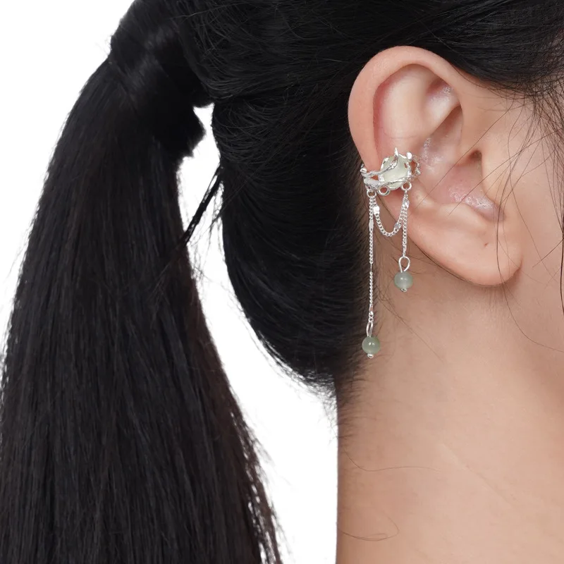 F.I.N.S 1PC New Chinese Style S925 Sterling Silver Prehnite Clip Earring Tassel Chain Uneven Stone Beads Earcuff Catilage Jewels - Image 3