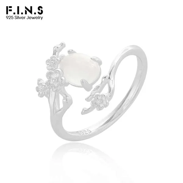 F.I.N.S Original Design S925 Sterling Silver Ring Plum White Agate Open Adjustable Flower Finger Fine Jewelry Anti-Allergic