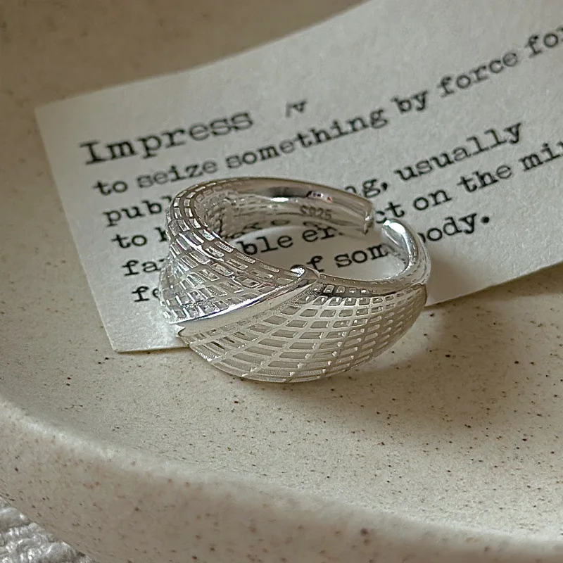 S925 Silver 3D Minimalist Ring Korean Vintage Style Textured Geometric Dainty Wholesale Jewelry for Women - Image 5