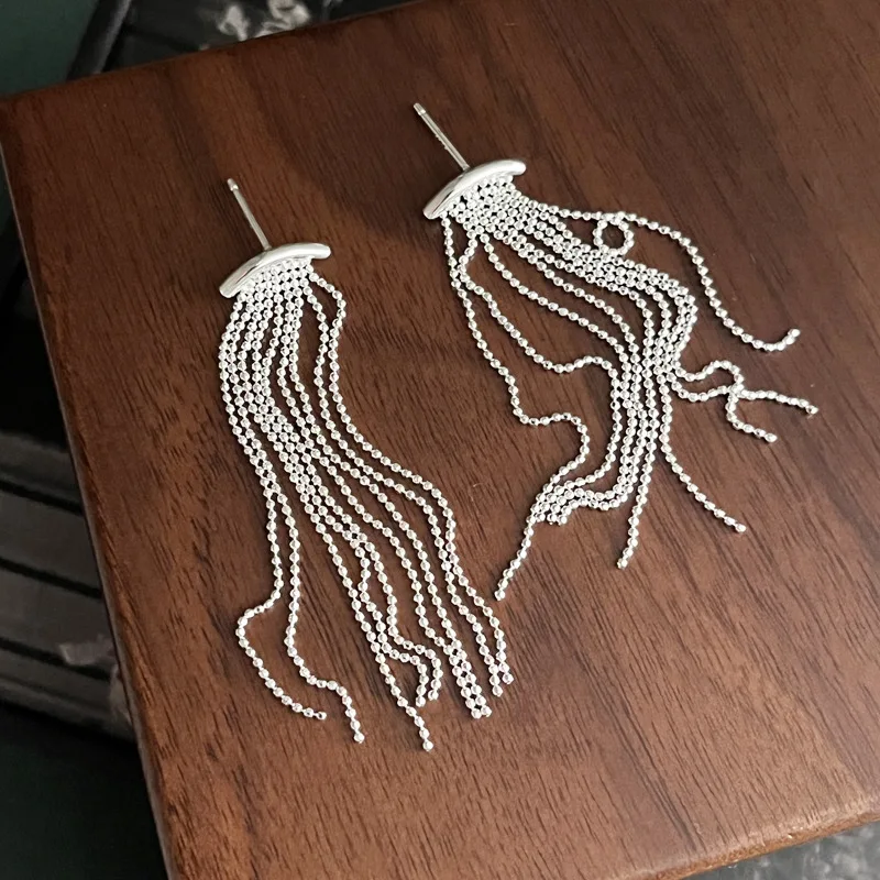 925 Sterling Silver Long Chain Fringe Earrings for Women Minimalist Drop Dangle Ear Studs Trendy Versatile Elegant Pearl Bead - Image 4