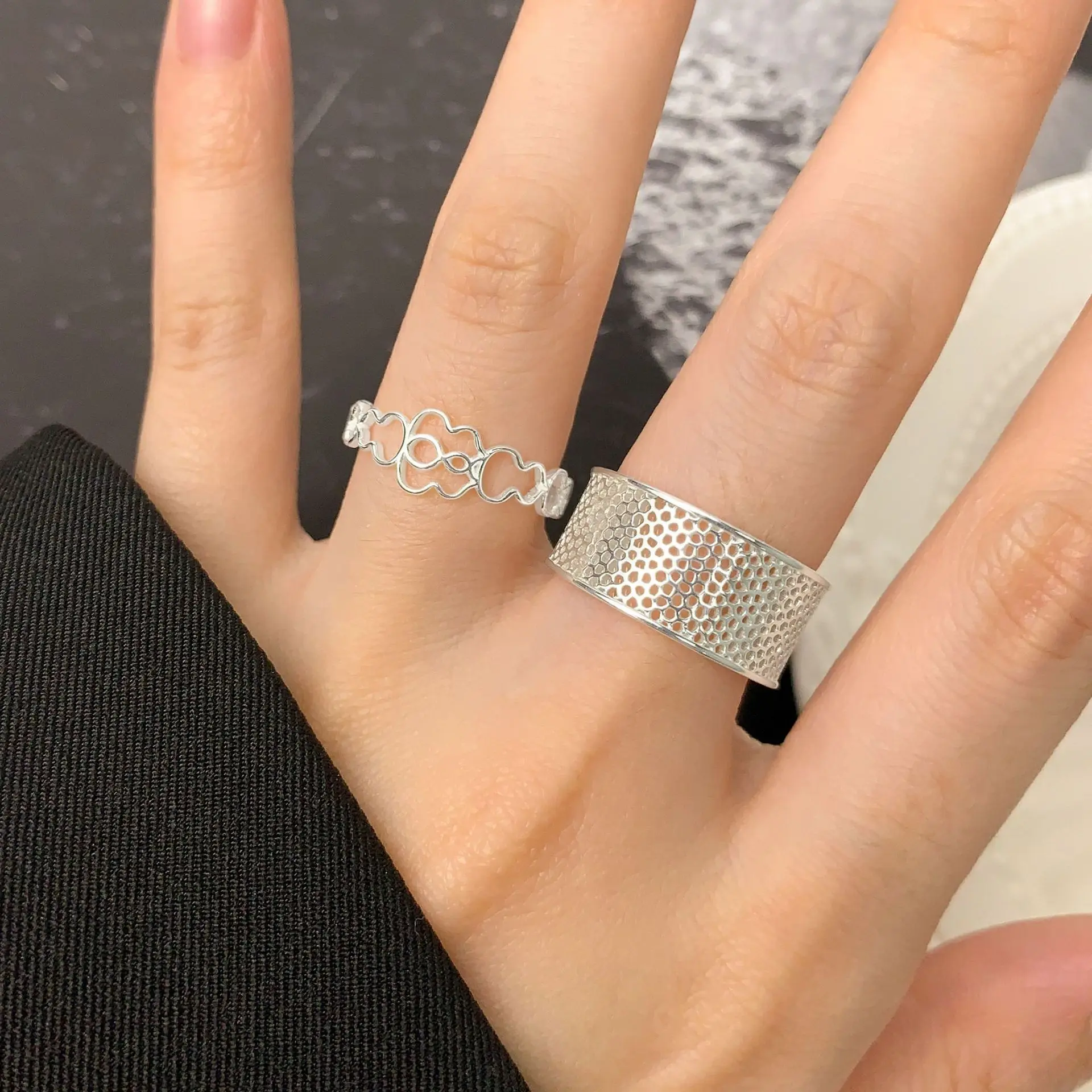 F.I.N.S Original Hollow Grid S925 Sterling Silver Ring Wide Honeycomb Open Adjustable Index Finger Fine Jewelry For Women Men - Image 4