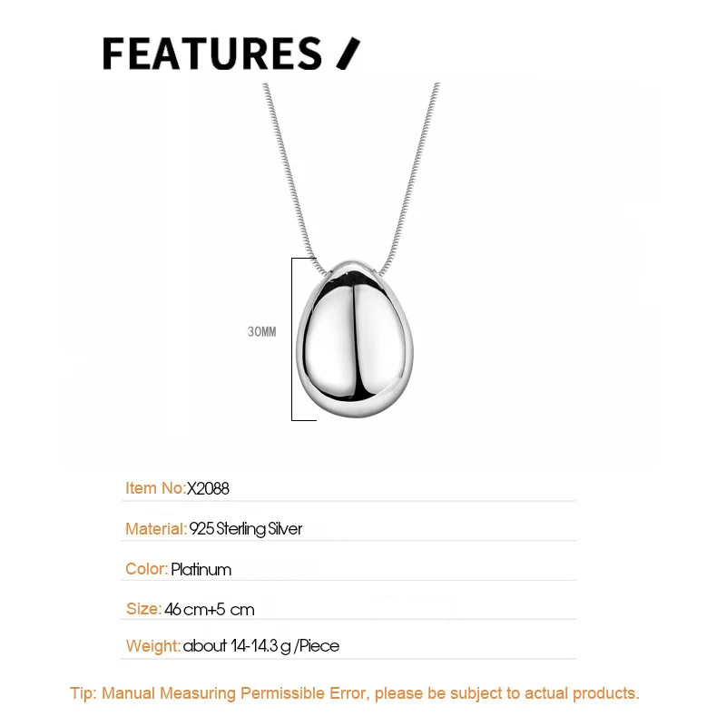 F.I.N.S Minimalist S925 Sterling Silver Large Glossy Egg-Shaped Pendants for Women Big Waterdrop Snake Chain Necklace Accessory - Image 5