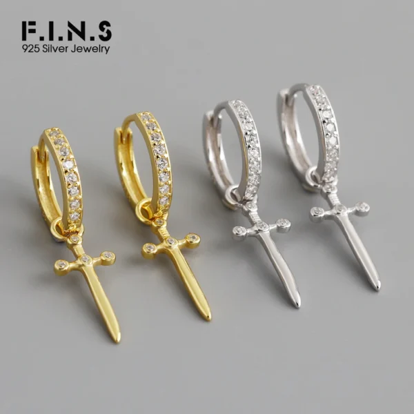 F.I.N.S Original Sword S925 Sterling Silver Hoop Earrings Luxury Cross Pendant Piercing Ear Buckles Huggies For Women Jewelry