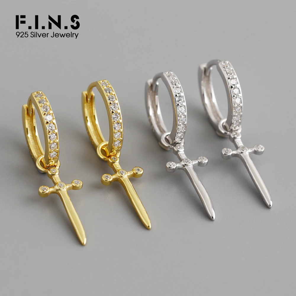 F.I.N.S Original Sword S925 Sterling Silver Hoop Earrings Luxury Cross Pendant Piercing Ear Buckles Huggies For Women Jewelry