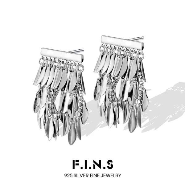 F.I.N.S New Small Leaves 925 Sterling Silver Tassel Earrings Trend Fringe Piercing Statement Ear Studs Hypoallergenic Fine Jewel