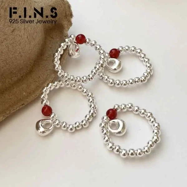 F.I.N.S Original S925 Sterling Silver Red Agate Geometric Pendant Ring Chinese Style Simple Beads Adjustable Finger Fine Jewelry