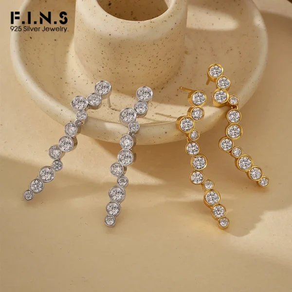 F.I.N.S Simple S925 Sterling Silver Irregular Dangle Earrings Round Row Zircon Piercing Ear Studs Fashion Fine Party Jewelry
