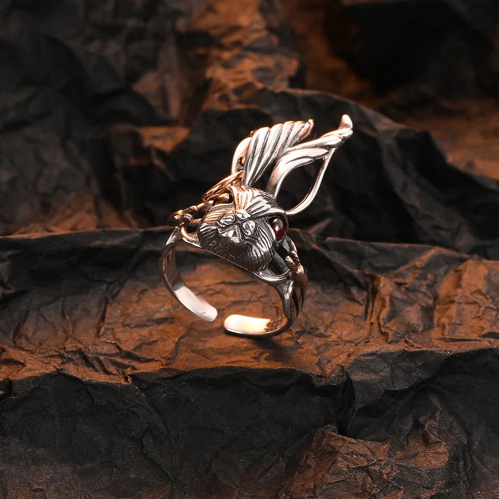 F.I.N.S S925 Pure Sterling Silver Gold Cool Punk Rabbit Ring Retro Old Design Thai Silver Hiphop Rock Finger Jewelry Accessories - Image 3