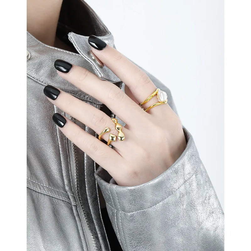 F.I.N.S Irregular Glossy Real S925 Sterling Silver Gold Plain Open Rings Adjustable Wide Finger Minimalist Party Fine Jewelry - Image 4