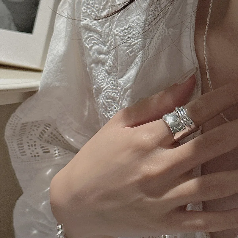 S925 Silver Wide Band Ring Korean Vintage Style Textured Minimalist Dainty Wholesale Jewelry for Women - Image 2