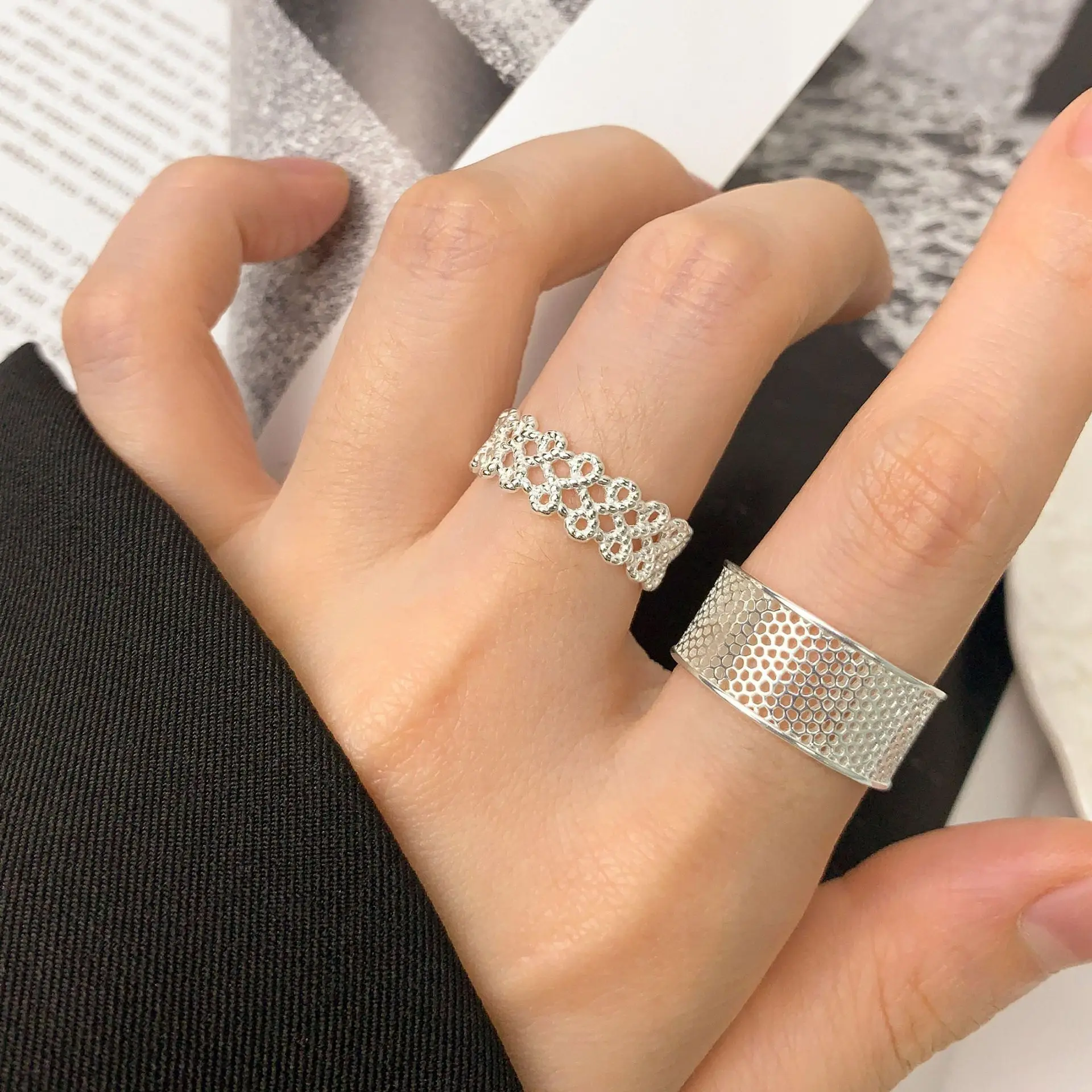 F.I.N.S Original Hollow Grid S925 Sterling Silver Ring Wide Honeycomb Open Adjustable Index Finger Fine Jewelry For Women Men - Image 3