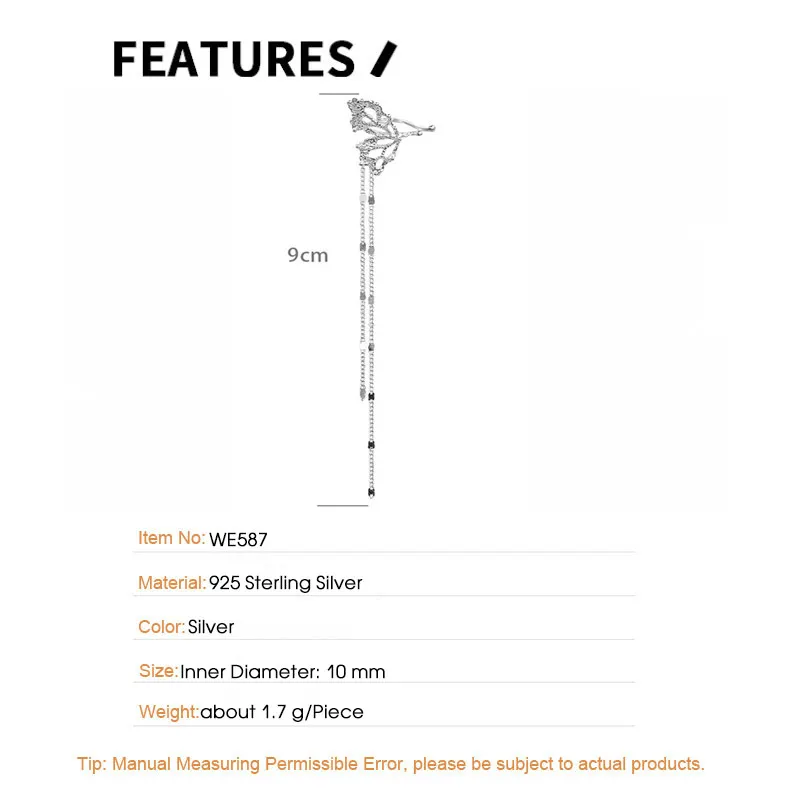 F.I.N.S 1PC S925 Sterling Silver Hollowed Lace Butterfly Ear Clip Luxury Long Chain Tassel Earcuff Catilage Fine Jewelry Gifts - Image 2