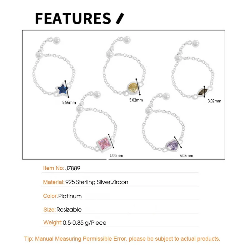 F.I.N.S Original Korean Geometric Colored Zircon Pure S925 Sterling Silver Adjustable Bead Ring Thin Chain Stacked Finger Jewel - Image 5