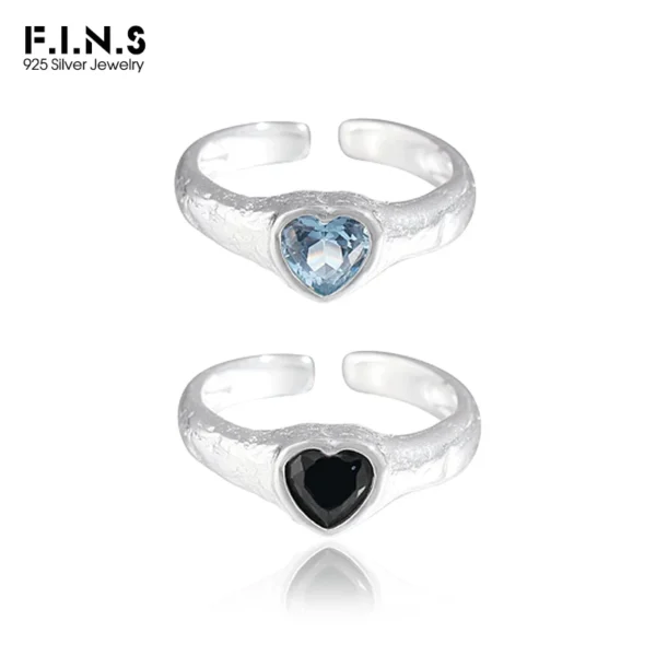 F.I.N.S Original Luxury Tin Foil Texture Heart Zircon S925 Sterling Silver Ring Open Adjustable Wedding Engagement Finger Jewels